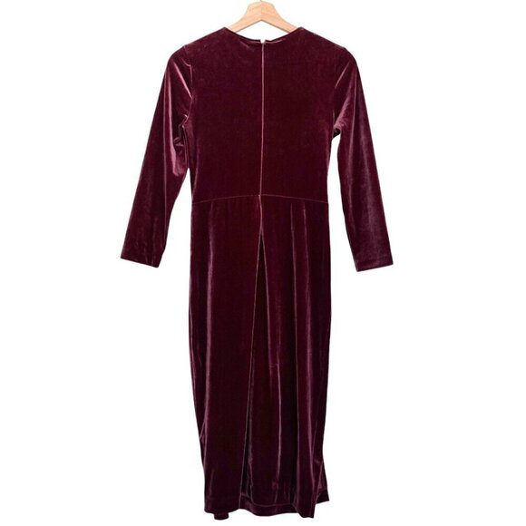 BANANA REPUBLIC Long Sleeve Stretch Velvet Twist Midi Dress in Wine Burgundy - Picture 9 of 11